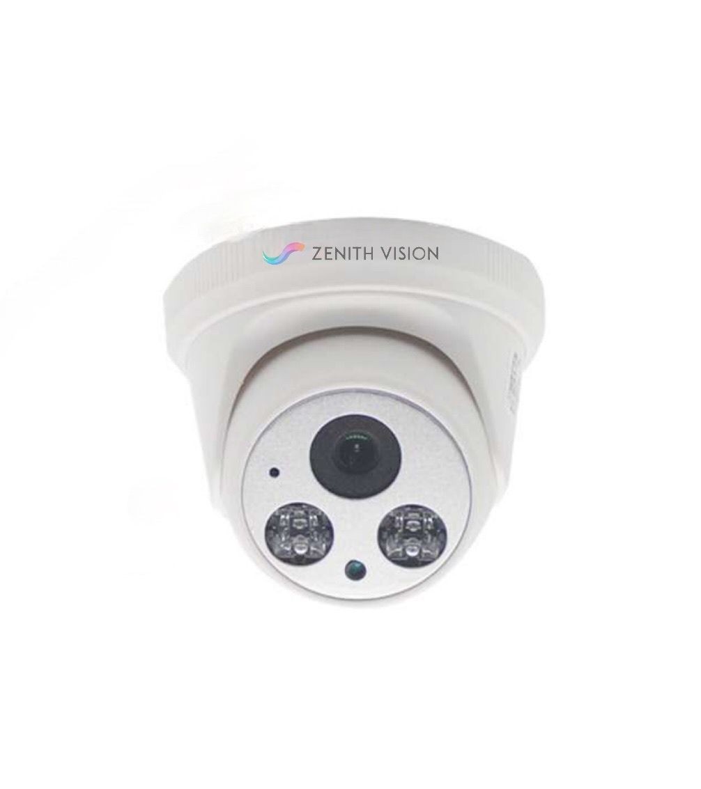 White dome security camera with lens and LED lights, branded with Zenith Vision on top.