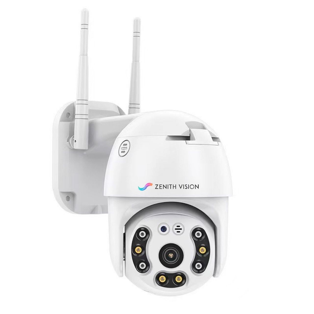 White Zenith Vision security camera with antennas and infrared lights.