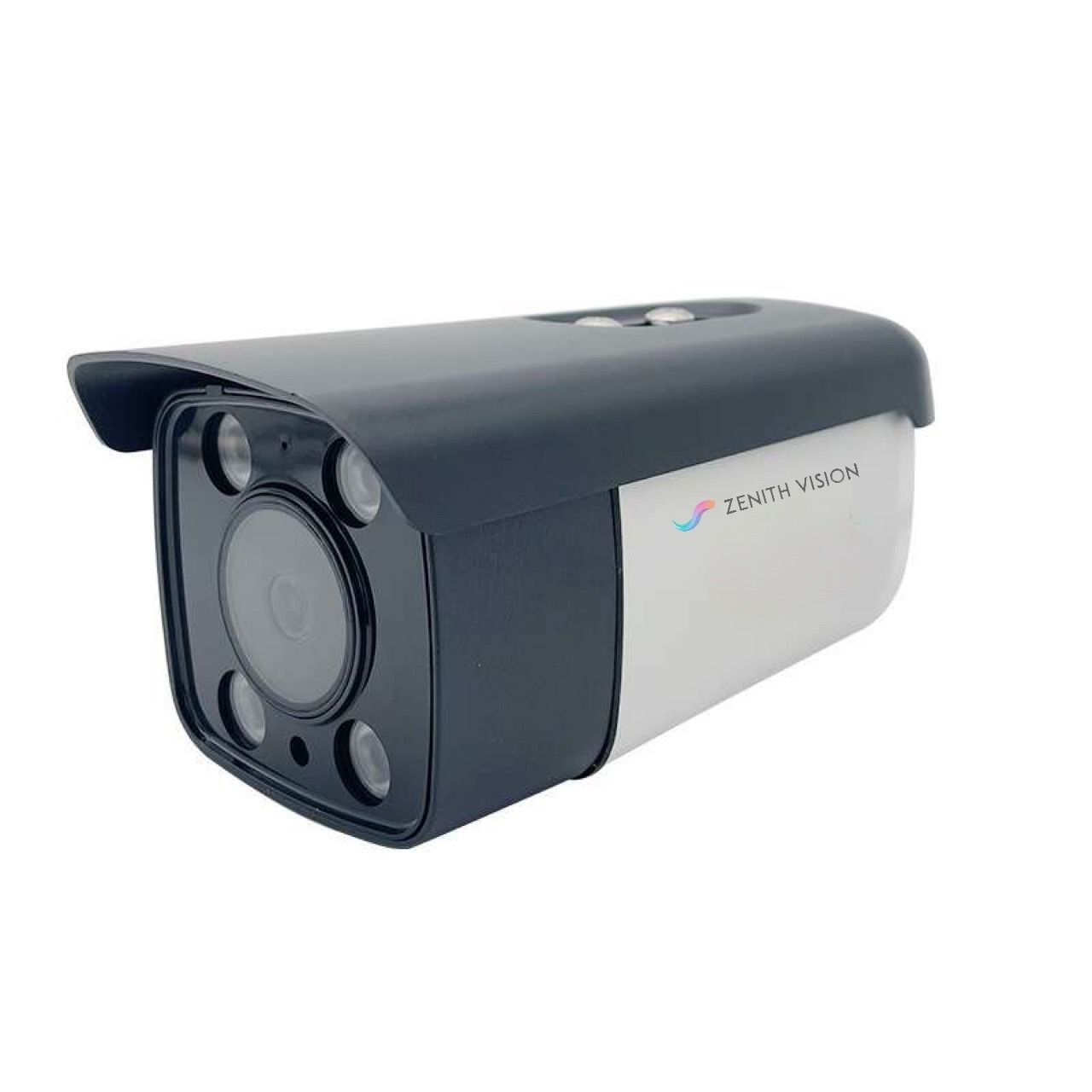White and black surveillance camera with a lens cover and branding on the side.