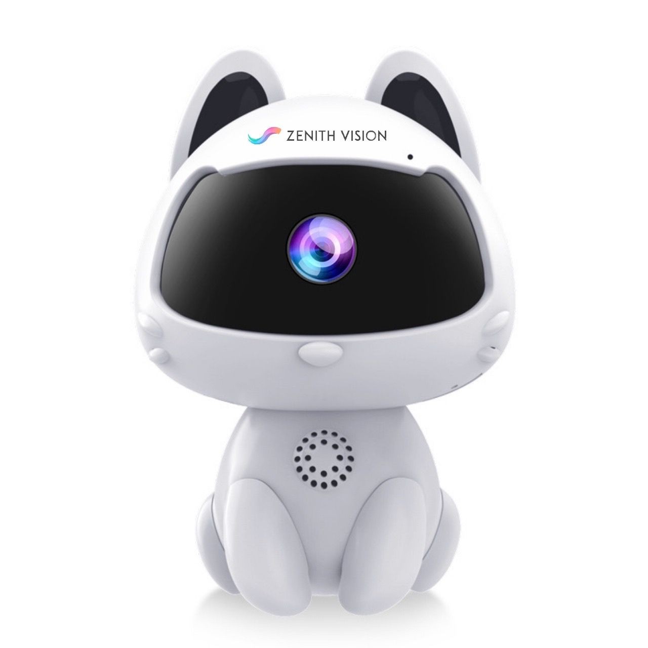 Cute white robotic cat with black screen eyes and Zenith Vision logo.