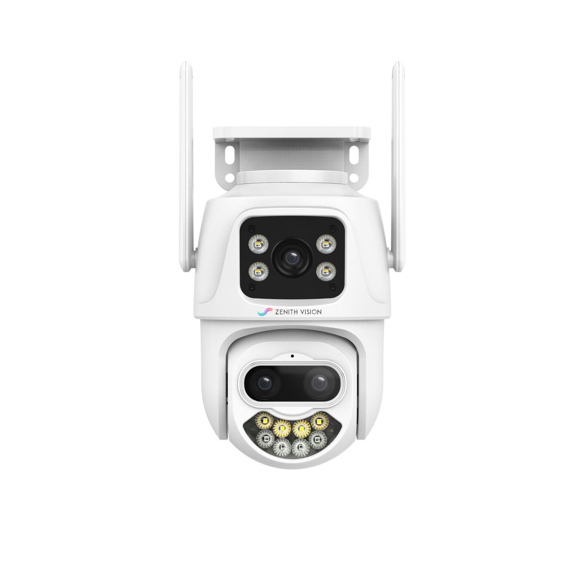 White security camera with dual lenses and antenna, featuring infrared LED lights for night vision.