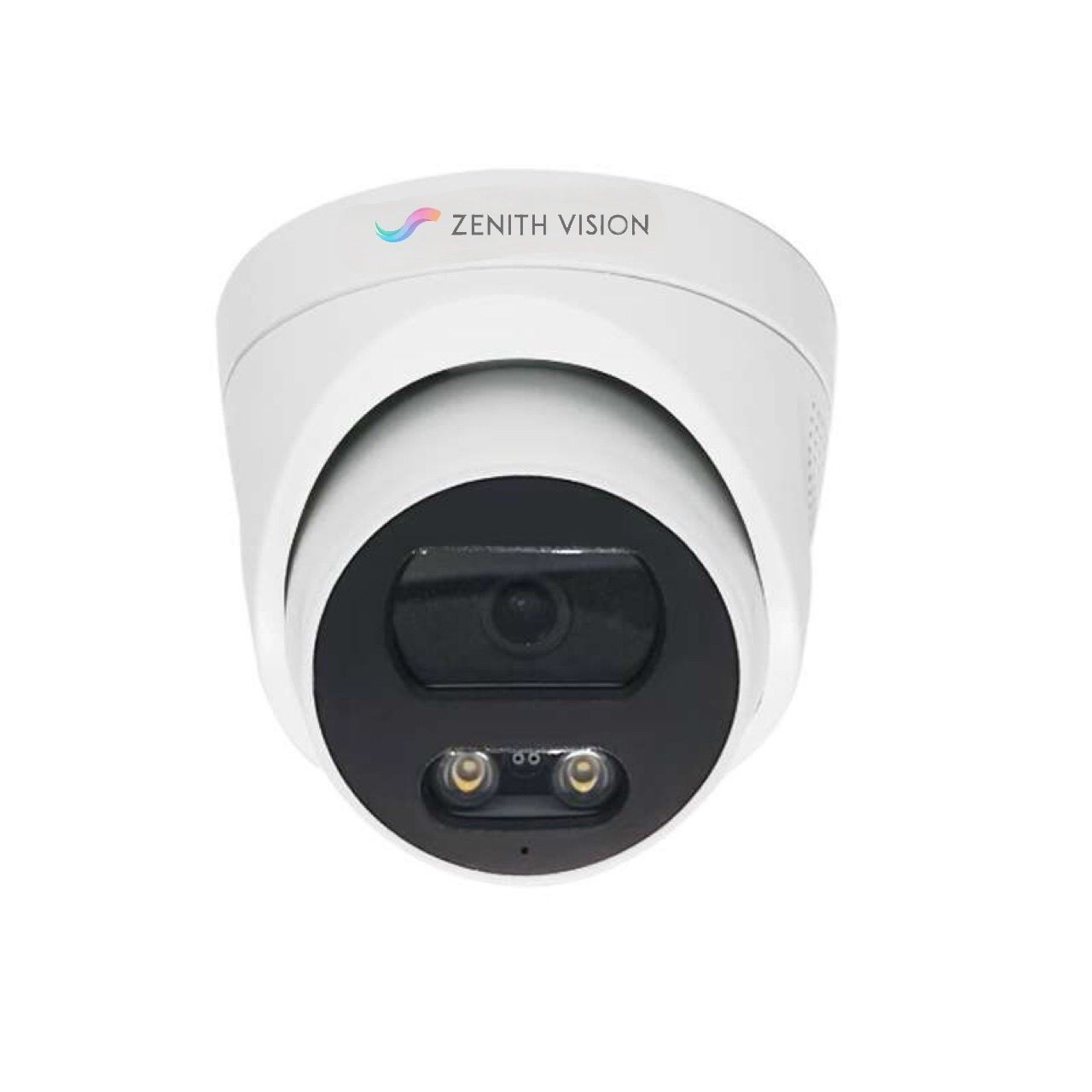 White security camera with dual lens design, labeled Zenith Vision, mounted on a ceiling.