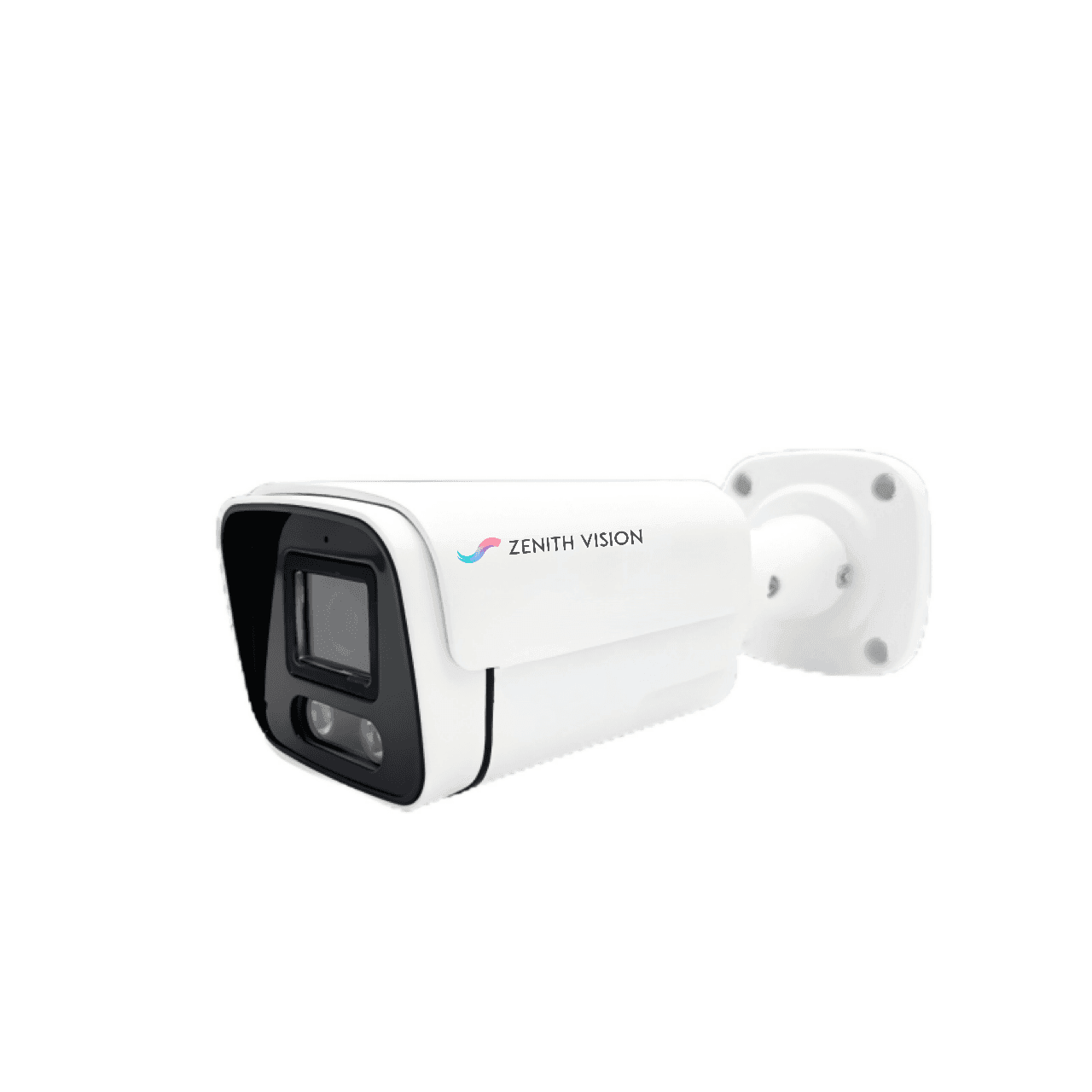 Modern white security camera with 'Zenith Vision' logo mounted on a white background.