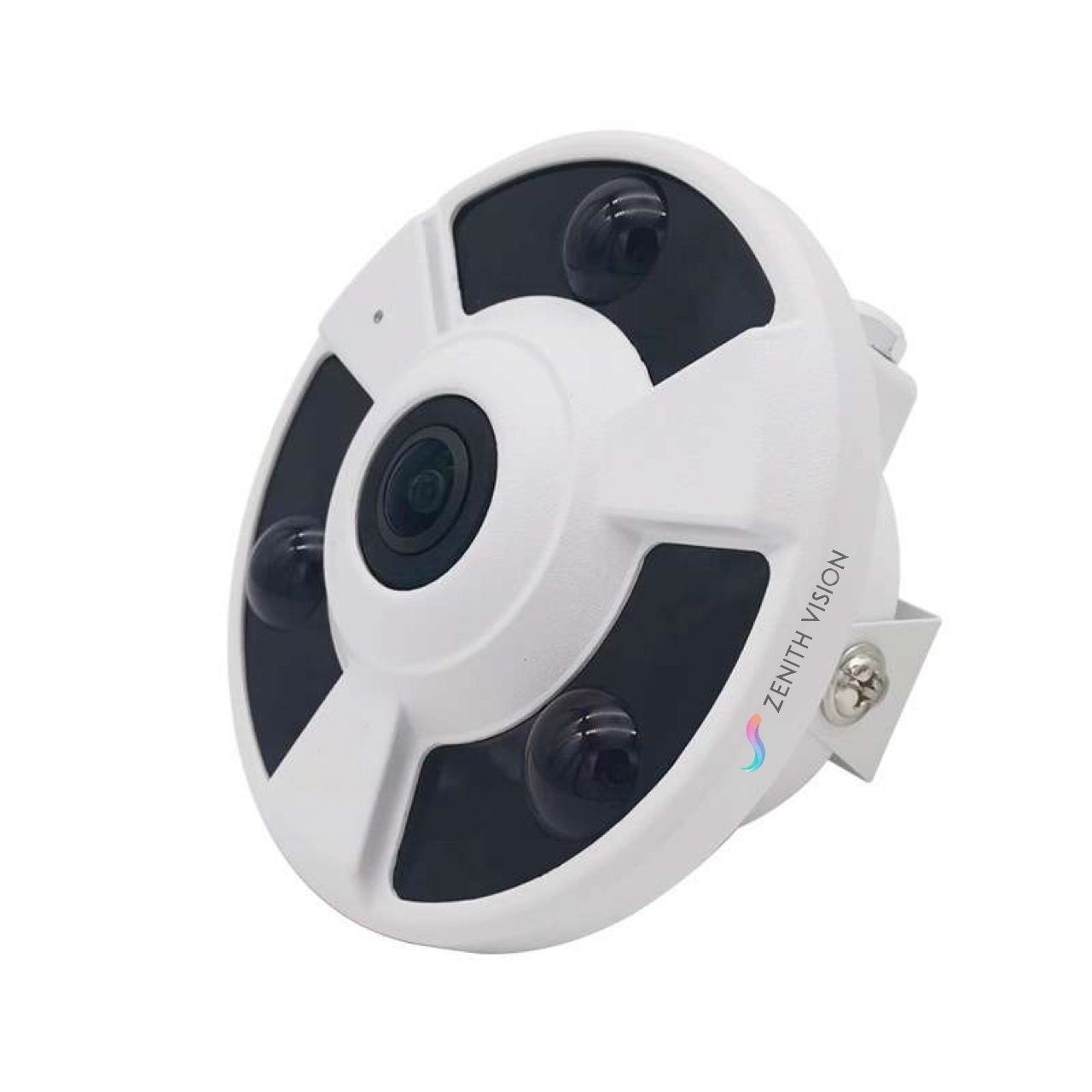 White and black security camera with multiple lenses in a circular arrangement, labeled Zenith Vision.