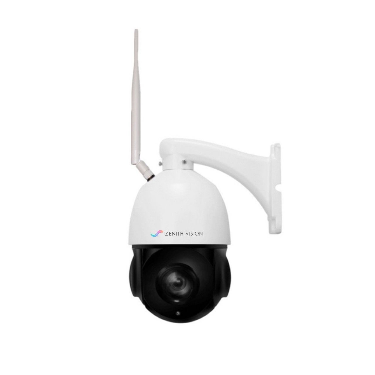 White surveillance camera with antenna mounted on bracket labelled Zenith Vision.