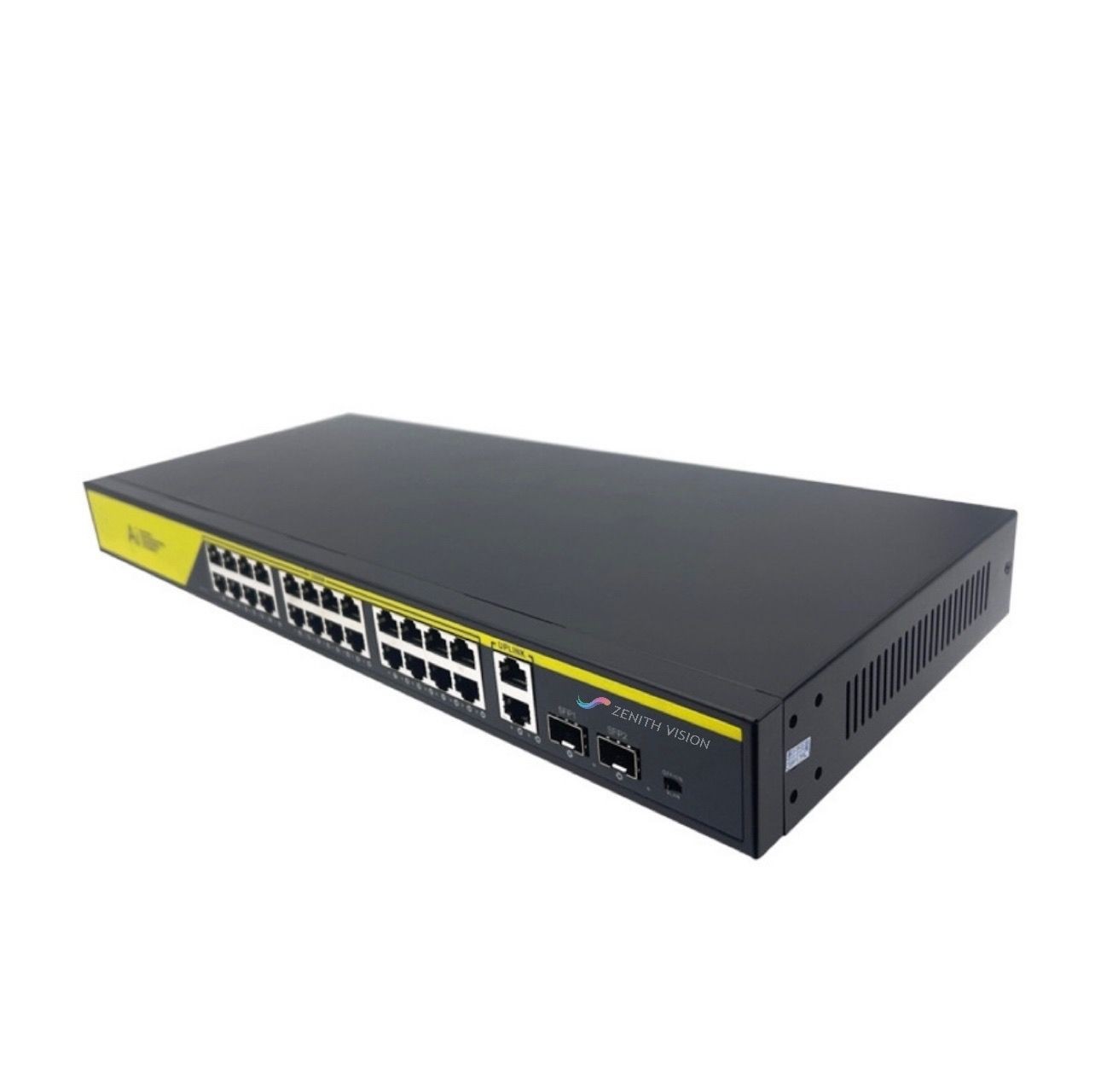 Black network switch with multiple Ethernet ports and indicator lights on a white background.