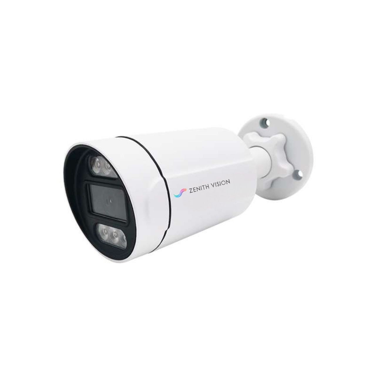 White security camera with mount and visible lens, labeled Zenith Vision.