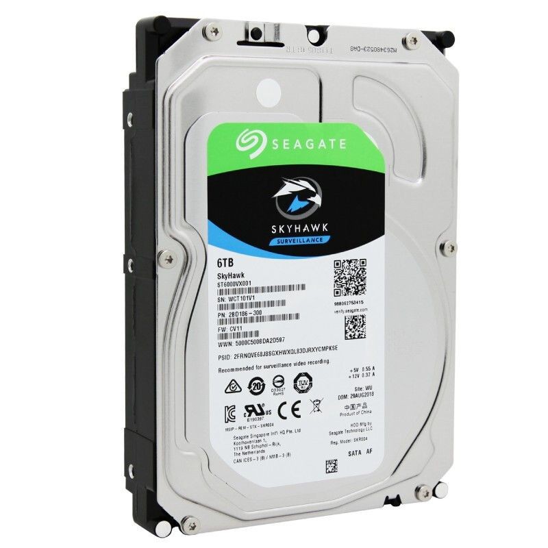 Seagate SkyHawk 6TB surveillance hard drive with label and QR codes.