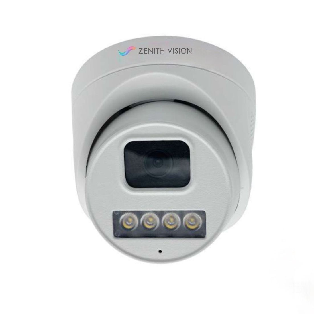 White security camera with a lens and four infrared lights, branded with the name Zenith Vision.