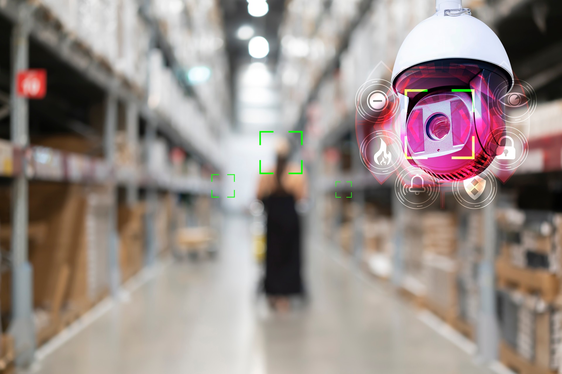 Cctv. security camera motion detect system operating in warehouse interior with product on shelves in shopping mall, cctv solution management