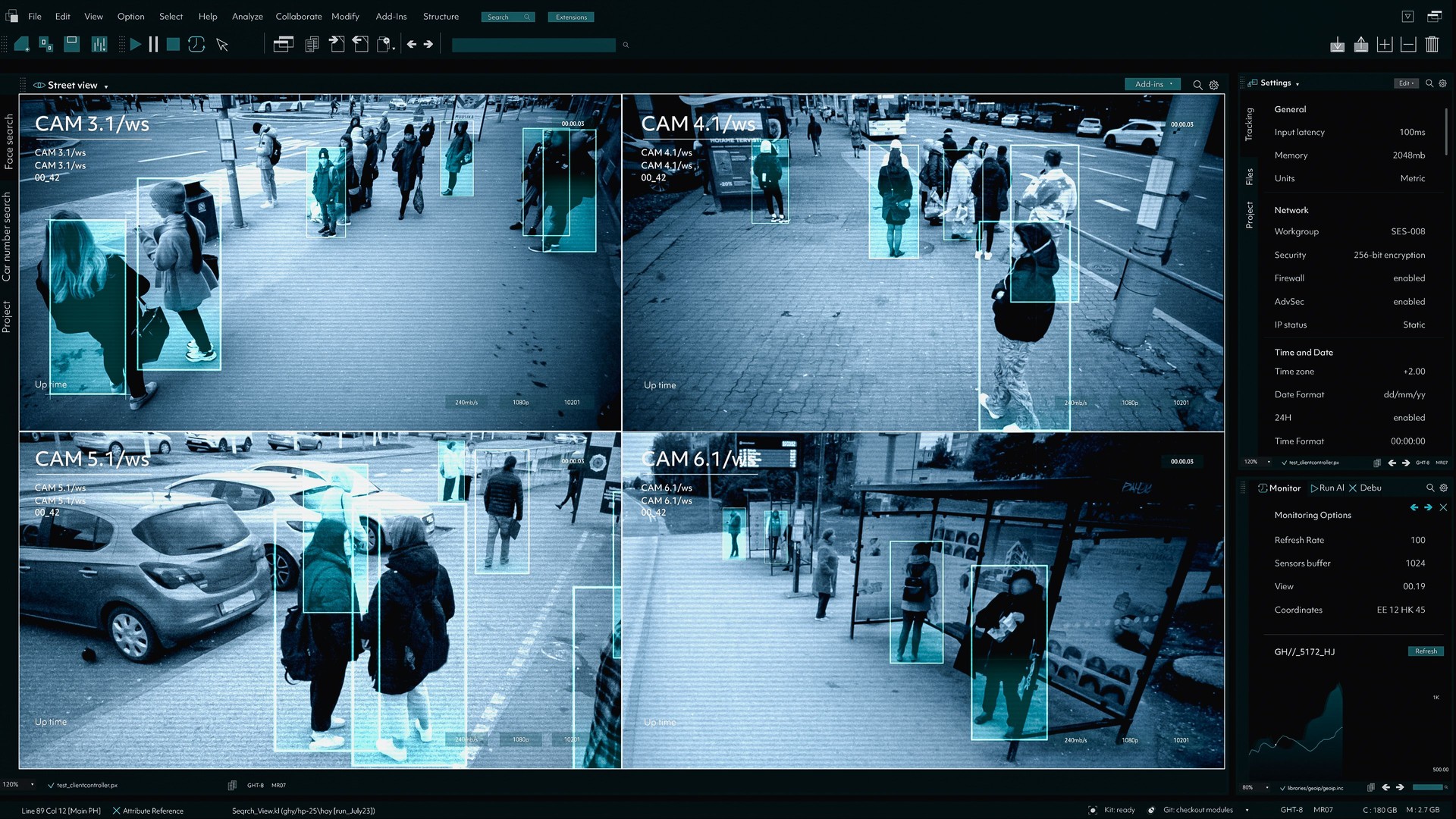 CCTV AI Facial Recognition Camera Authentificating People on Street. Security Camera Surveillance Footage Identity Scanning. Crowds of People Walking Safely on Big City Streets. Big Data AI Analytics